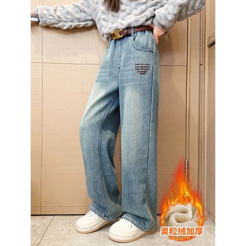 女童加绒牛仔裤冬季加厚儿童直筒阔腿裤秋冬女大童一体羊羔绒裤子