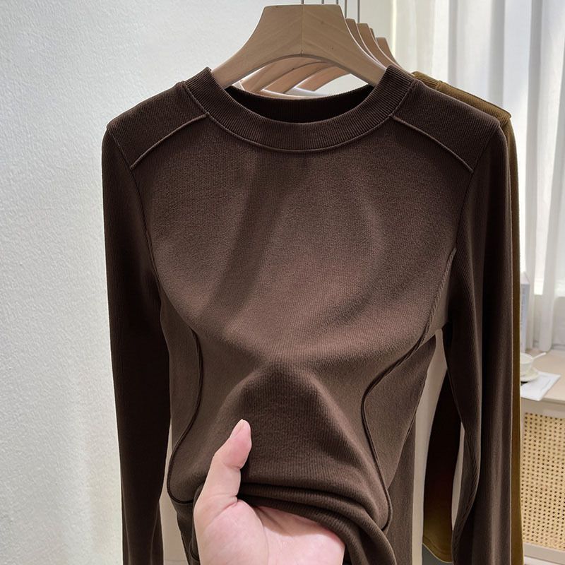 秋冬新款圆领内搭德绒白色打底衫女时尚洋气修身显瘦长袖t恤上衣