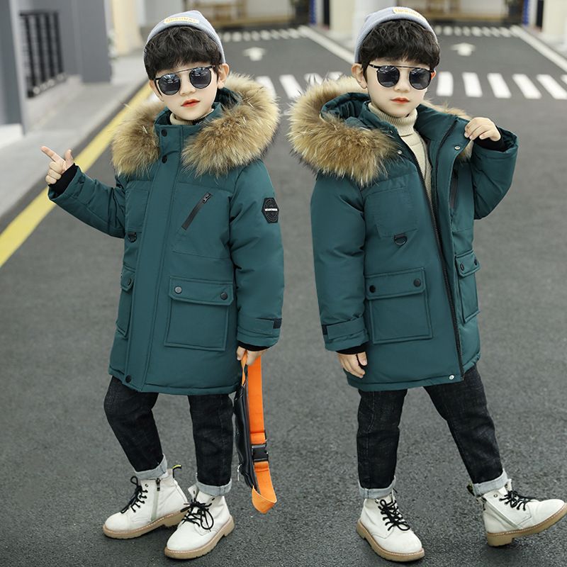 男童羽绒棉服冬装新款中大童洋气加厚棉袄儿童中长款毛领棉衣