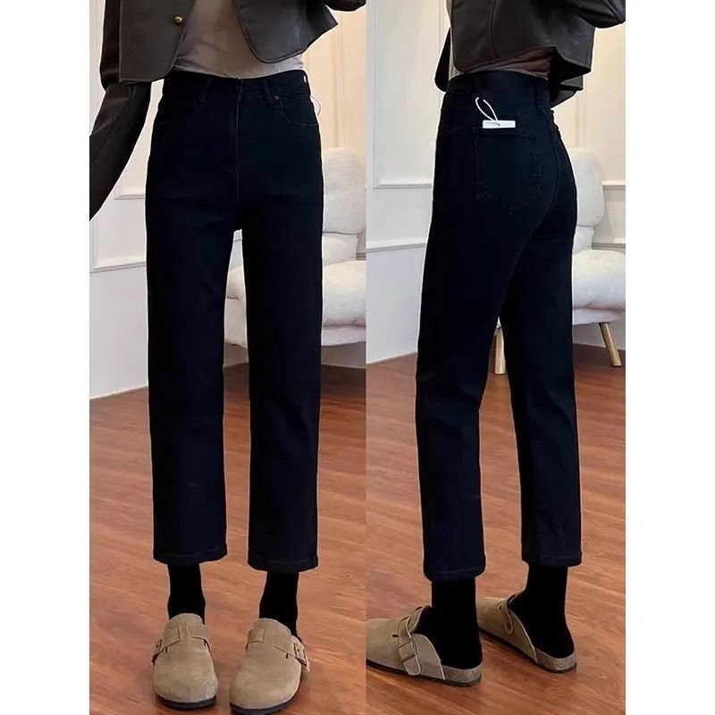 黑色烟管牛仔裤女2025秋冬新款大码胖mm高腰弹力显瘦九分直筒裤