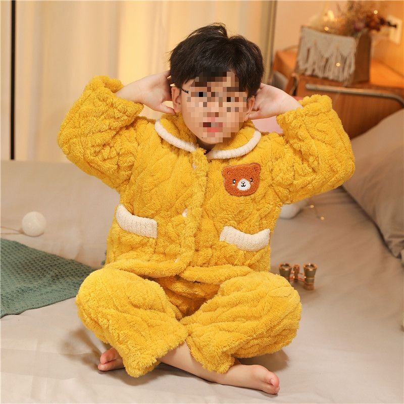 夹棉儿童睡衣冬季男童加厚加绒2025新款珊瑚绒女孩家居服中大童
