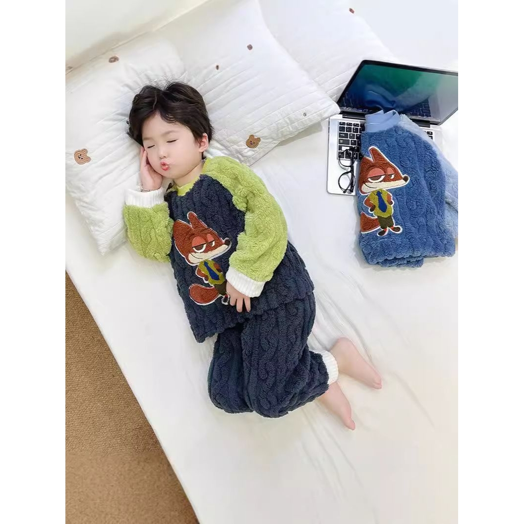 男童睡衣加绒加厚秋冬季珊瑚绒男孩宝宝法兰绒小童儿童冬款家居服