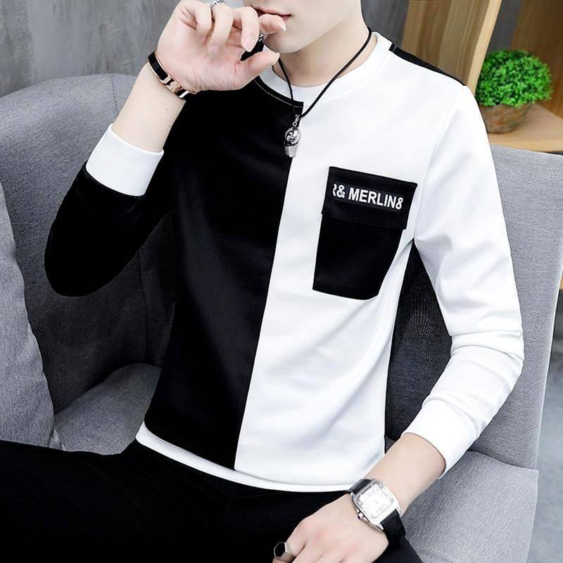 圆领拼接卫衣青年学生帅气个性打底衫男秋季男士长袖T恤韩版修身