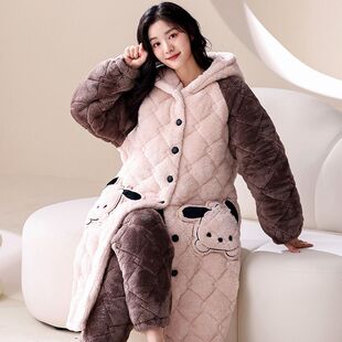 睡衣女冬天加绒加厚三层夹棉袄长款连帽睡袍套装保暖珊瑚绒家居服
