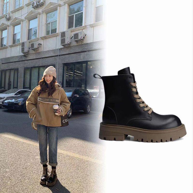 秋冬新款英伦圆头前系带厚底马丁靴女ins机车短靴粗跟女靴子潮
