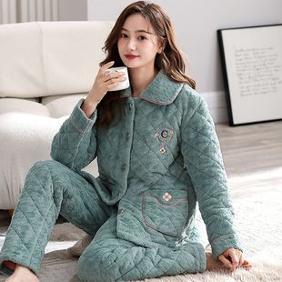 睡衣女冬天加厚三层夹棉袄新款 家居服 加绒珊瑚绒冬天女士保暖套装