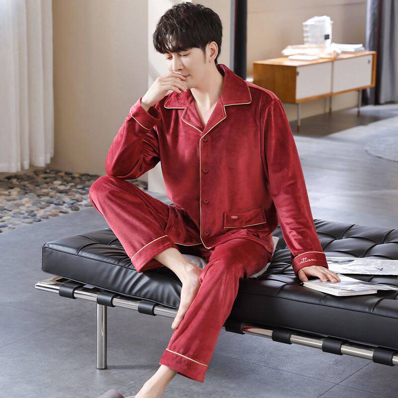 柔软海岛绒睡衣男秋冬季保暖长款珊瑚绒家居服套装男士加绒睡衣