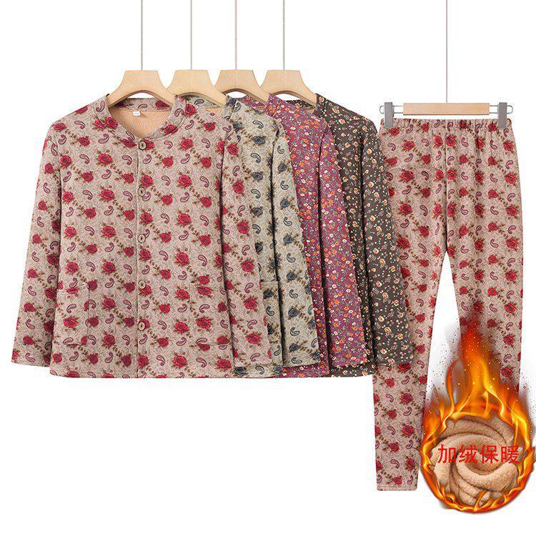 中老年女德绒开衫套装秋衣秋裤奶奶装大码加绒加厚保暖内衣妈妈装