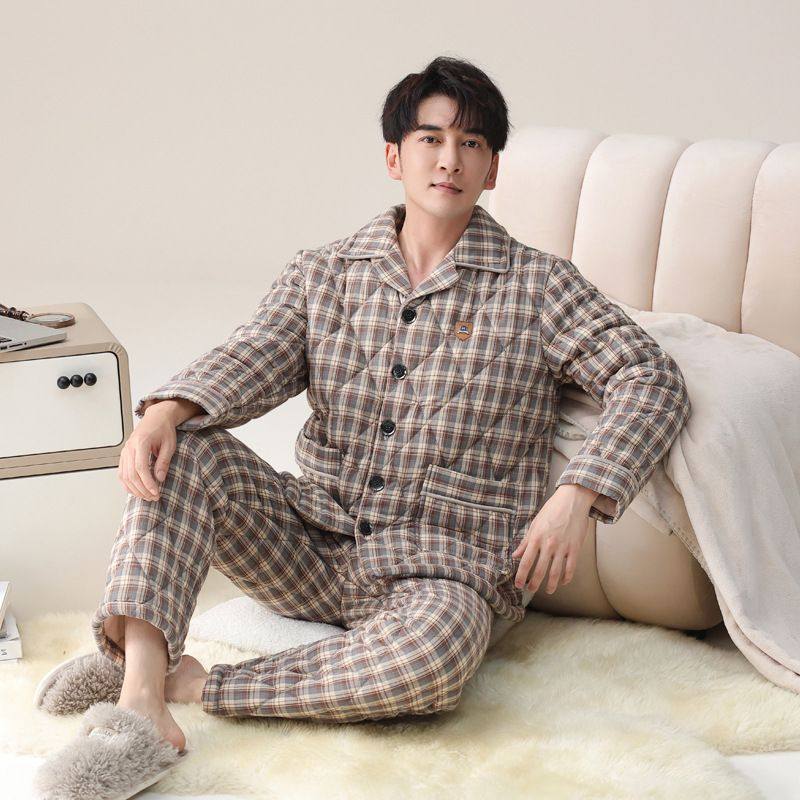 睡衣男冬季三层加厚加绒夹棉梭织纯棉格子中年男士家居服秋冬套装,童装/婴儿装/亲子装,家居服套装,淘宝优惠券,粉丝福利购,淘宝优惠卷