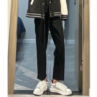 小西裤男九分修身直筒松紧腰休闲裤男士垂感黑色加绒西装裤子秋冬