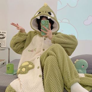 冬季新款睡袍珊瑚绒可爱连帽睡衣女加绒加厚长款可外穿家居服