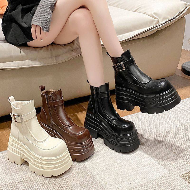 2025秋季新款英伦风PU皮高跟圆头中筒女时装靴商务通勤软垫舒适内,女鞋,马丁靴,淘宝优惠券,粉丝福利购,淘宝优惠卷