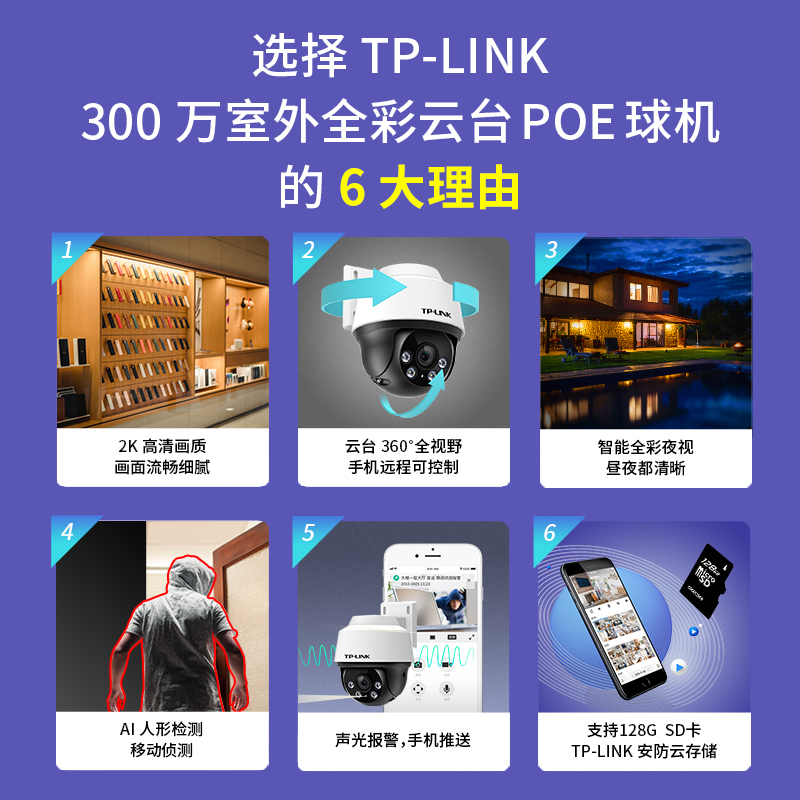 TPLINK有线poe摄像头家用室外手机远程360度无死角监控器IPC682P