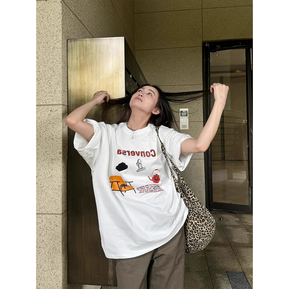 01781# 【新店开业活动】（100%棉）慵懒宽松卡通印花短袖T恤女