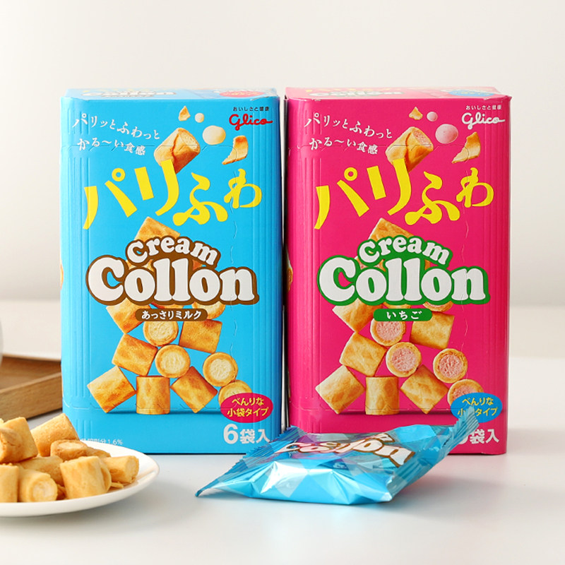 日本进口格力高草莓牛奶味注心蛋卷夹心饼干卷高颜值网红日式零食