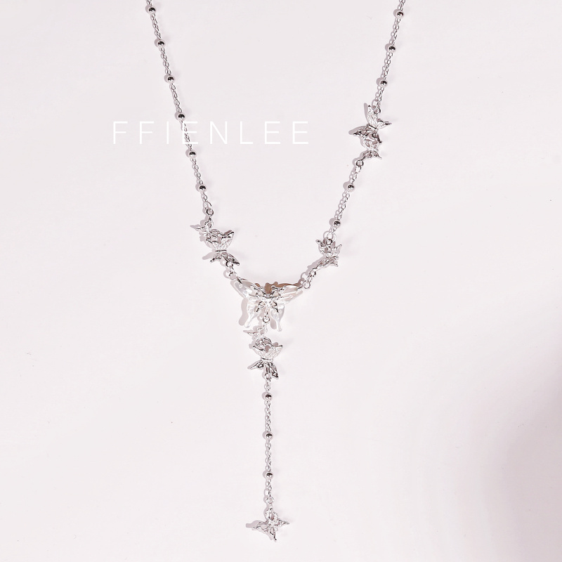 925银项链  群蝶飞舞 原创小众白水母蝴蝶流苏项链轻奢高级项链