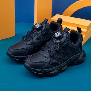 学生黑色运动鞋2025新款春秋皮面透气网鞋男童旅游鞋女童软底波鞋