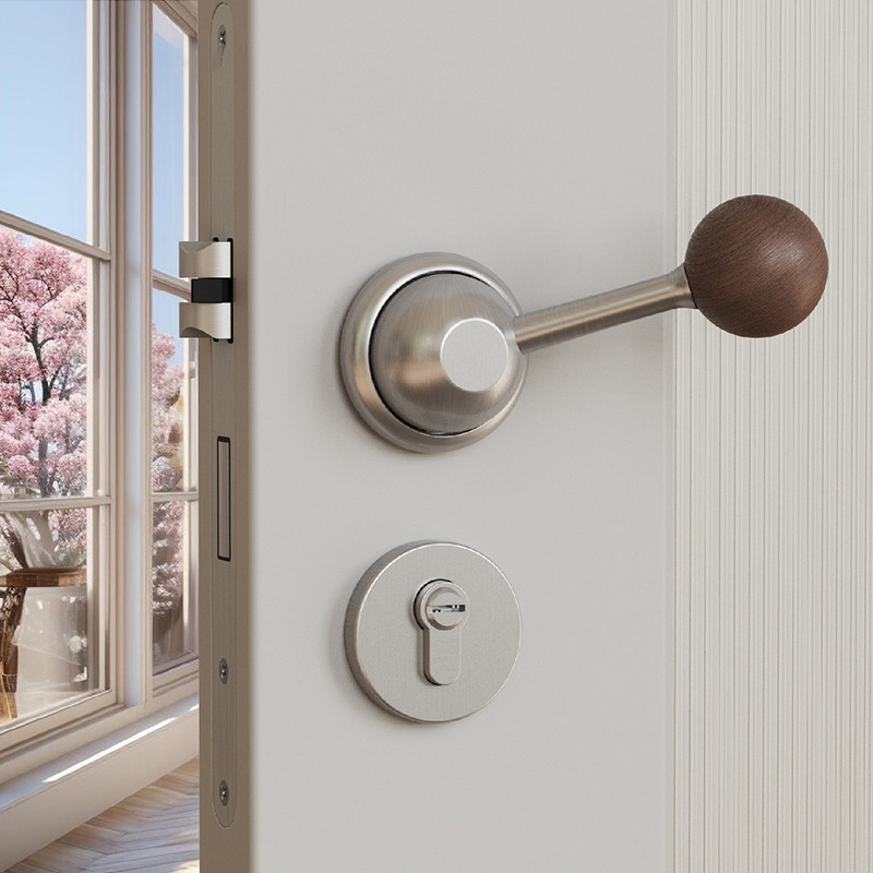 复古门锁银色圆形门把手室内门锁卧室房间静音家用简约五金锁具