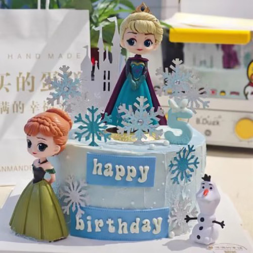 卡通女孩冰雪奇缘安娜公主绿色裙系城堡雪花爱莎公主蛋糕装饰摆件