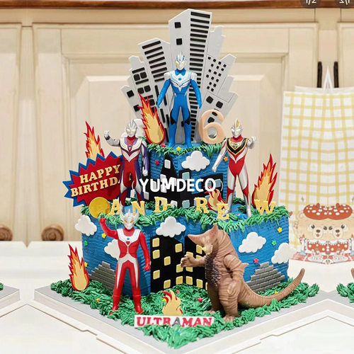 男孩生日蛋糕装饰摆件银河捷德赛罗迪迦怪兽EVA高楼火焰插件装饰
