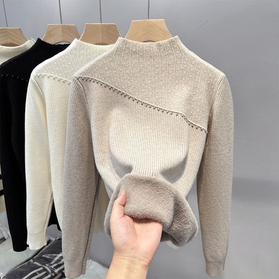 2025秋冬宽松加绒加厚毛衣女保暖一体绒内搭半高领纯色针织打底衫
