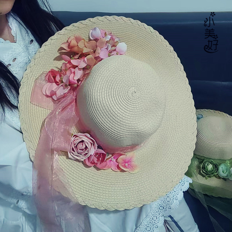 夏季手工花朵波西米亚草帽女神防晒太阳帽檐田园风仙女大沿沙滩帽