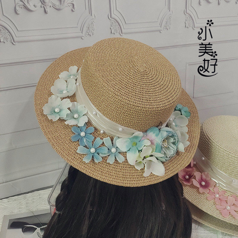 法式手工花朵草帽夏季遮阳防晒