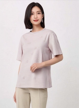 夏季多色女士休闲纯色圆领条纹短袖 T恤（25022005）
