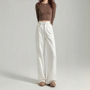 早秋休闲裤韩版纯色白色直筒裤高腰纽扣牛仔裤百搭显瘦25082453