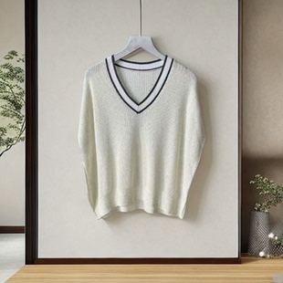 蝙蝠袖女无袖V领常规袖毛针织衫拼色亮片白色毛衣25072842