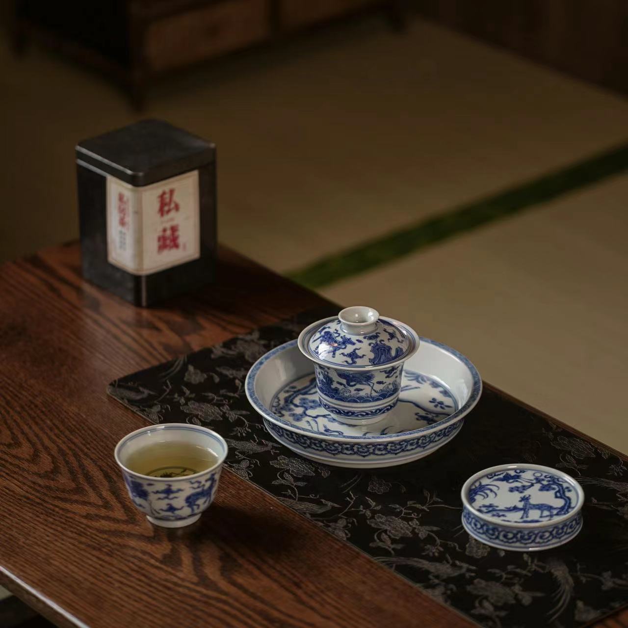 望月怀古|鹿鹤同春盖碗壶承撇口杯盖置纯手绘高端陶瓷茶具主人杯