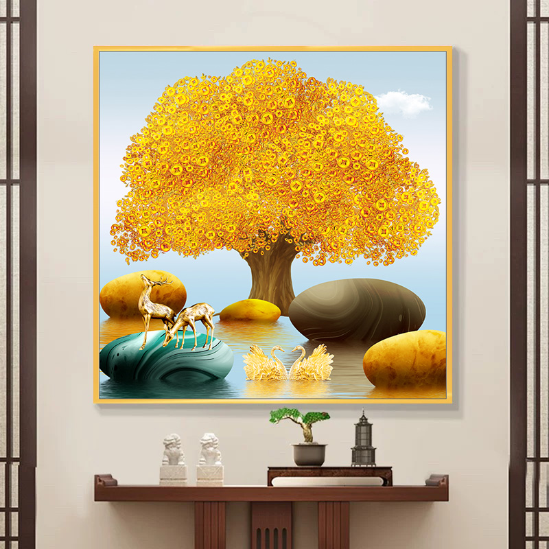 现代简约发财树装饰画玄关走道摇钱树挂画正方形玄关客餐厅墙壁画图片