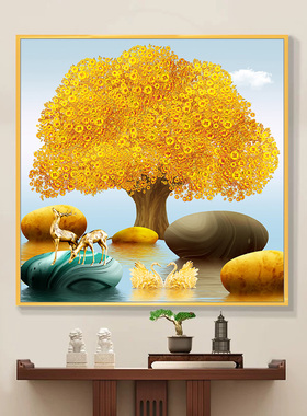 现代简约发财树装饰画玄关走道摇钱树挂画正方形玄关客餐厅墙壁画