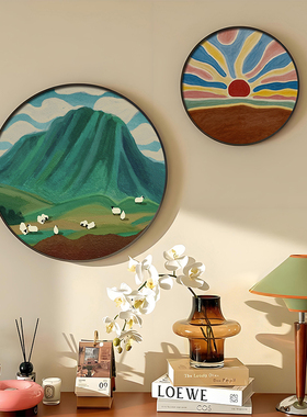 中古风绿色卧室床头装饰画复古圆形客厅玄关挂画法式高级主卧壁画