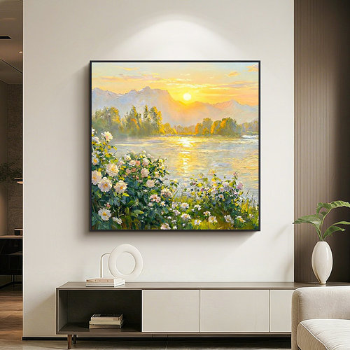 现代轻奢湖畔日出风景