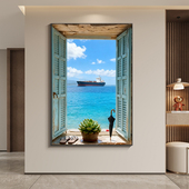 现代简约假窗户大海风景装 饰画沙发背景墙落地画空间延伸卧室挂画
