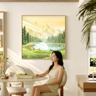 聚宝盆山水画餐厅装饰画日照金山正方形饭厅挂画2026新款客厅壁画