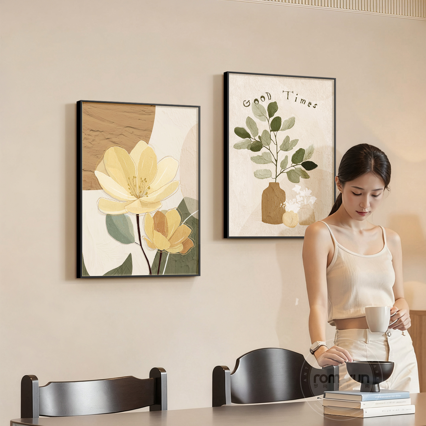 奶油风抽象花卉餐厅壁画卧室床头装饰画高级感客厅沙发背景墙挂画图片