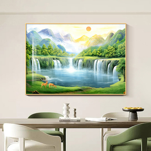 流水生财山水风景画餐厅饭厅背景墙装饰画旭日东升挂画聚宝盆壁画