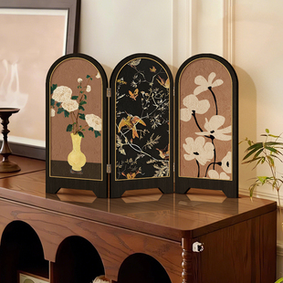 新中式中古风飞鸟屏风桌面摆件茶桌家居装饰品复古艺术客厅摆画
