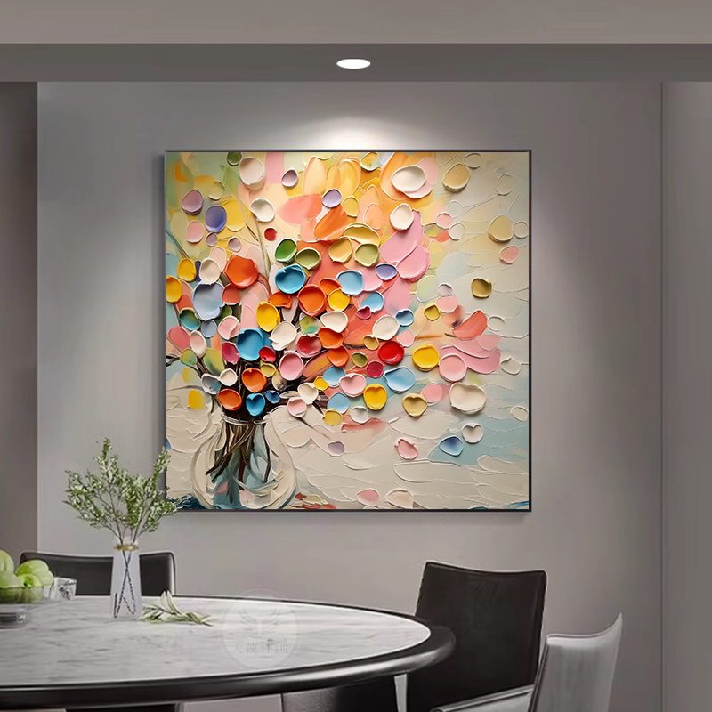 现代轻奢客厅沙发背景墙装饰画抽象彩色花卉餐厅挂画墙角方形壁画图片
