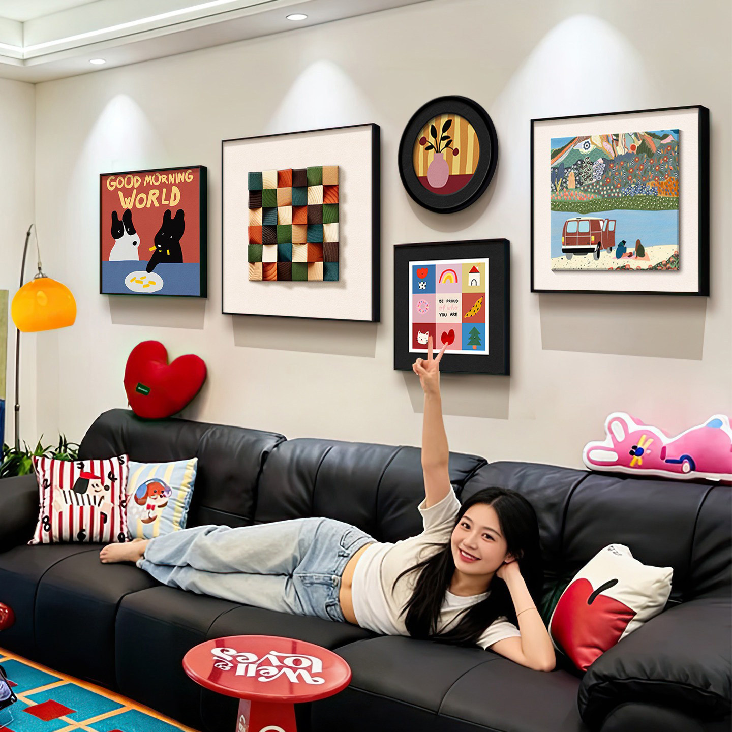 多巴胺客厅装饰画奶油中古风沙发背景墙挂画创意复古卧室组合壁画