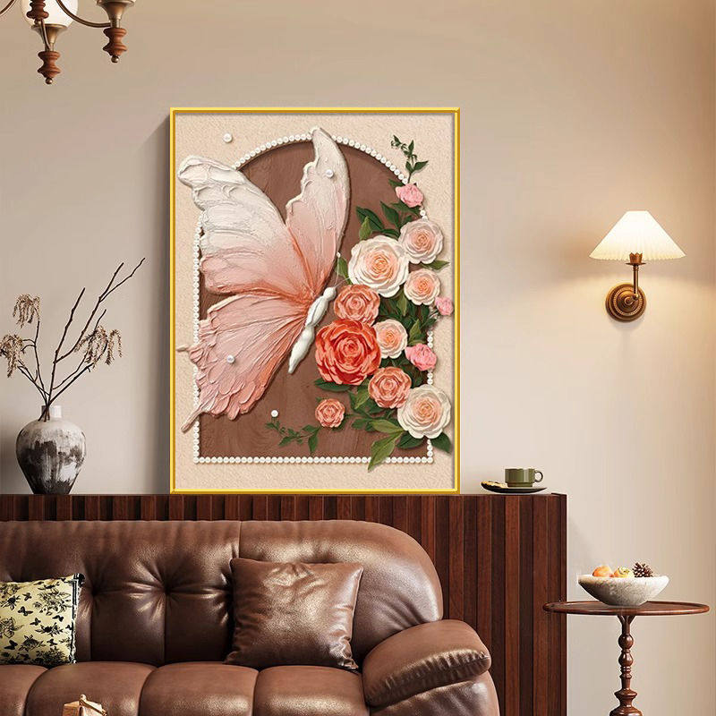 法式奶油风客厅装饰画玫瑰花中古风沙发背景墙挂画复古玄关柜壁画