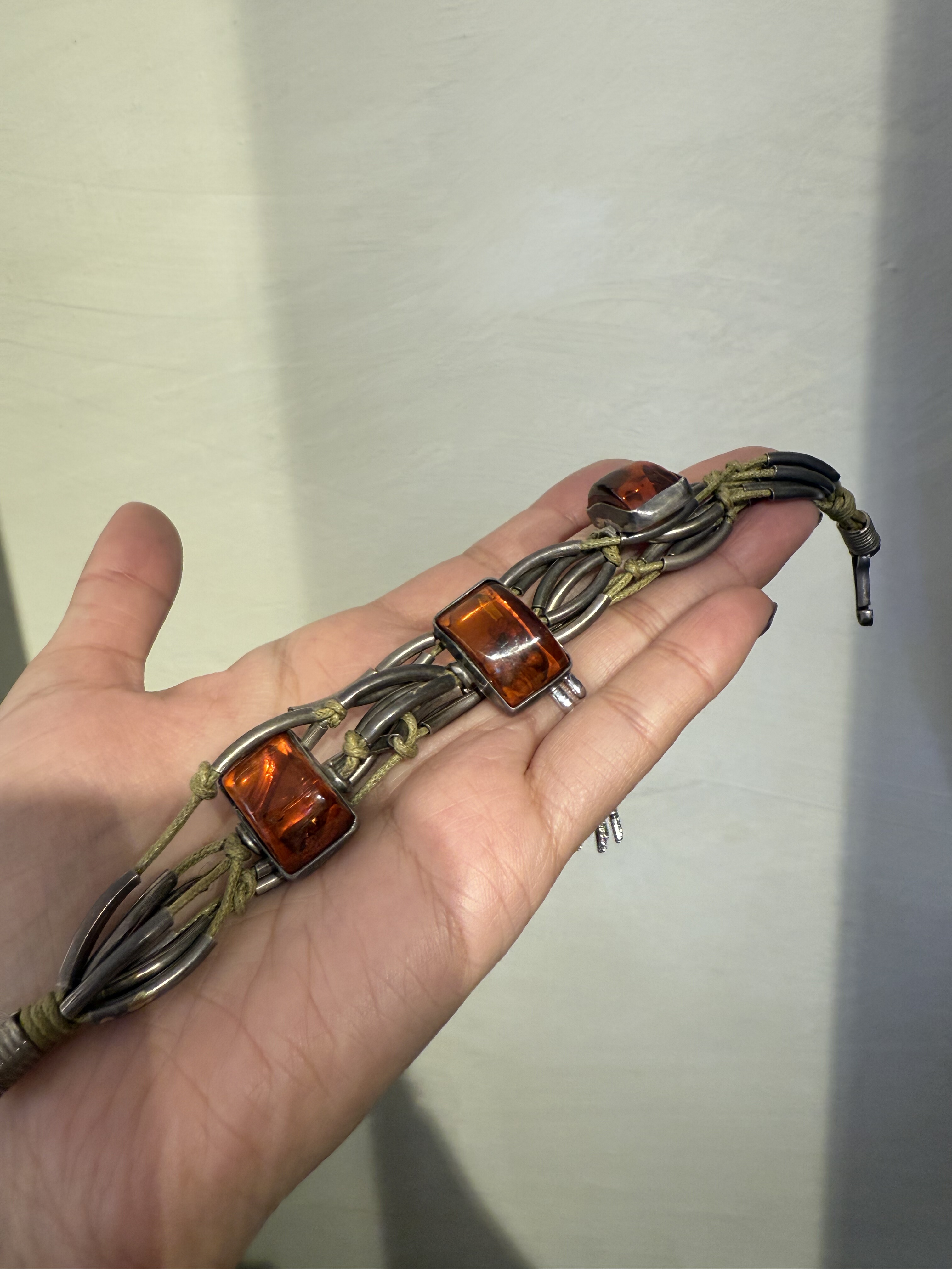 中古默认微瑕不退不换 艺术琥珀银手链 20.5cm 意大利