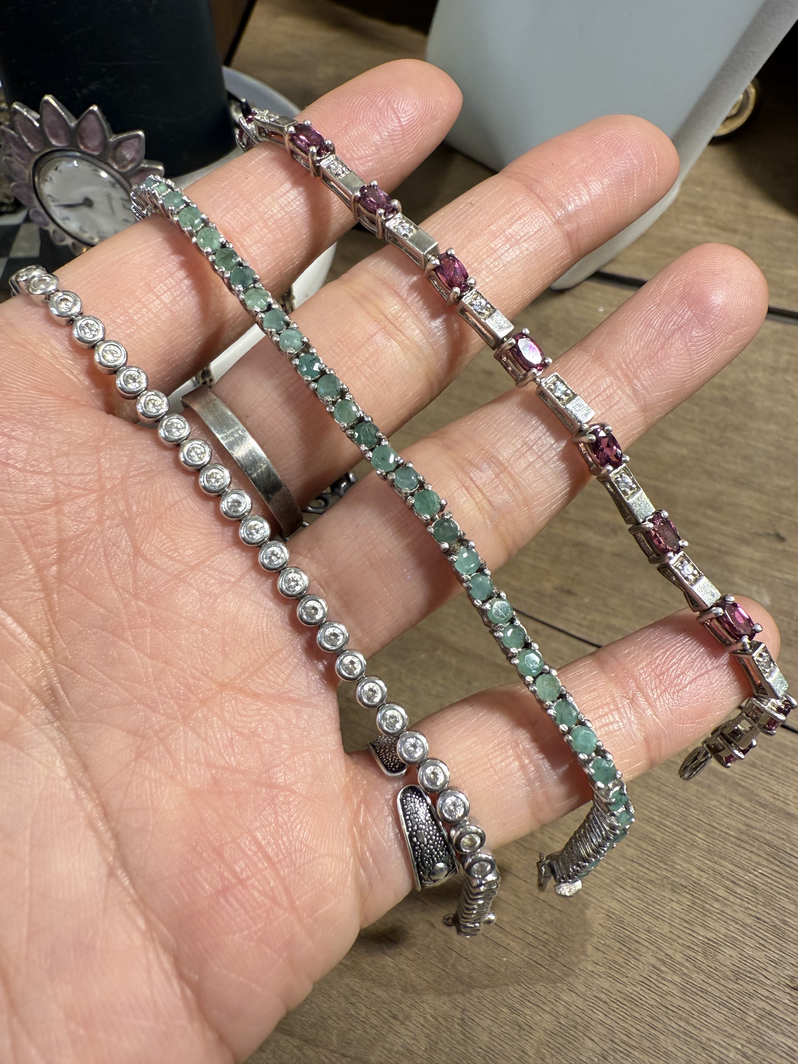 中古不完美不退不换 绿宝石莱茵石水晶银手链 意大利