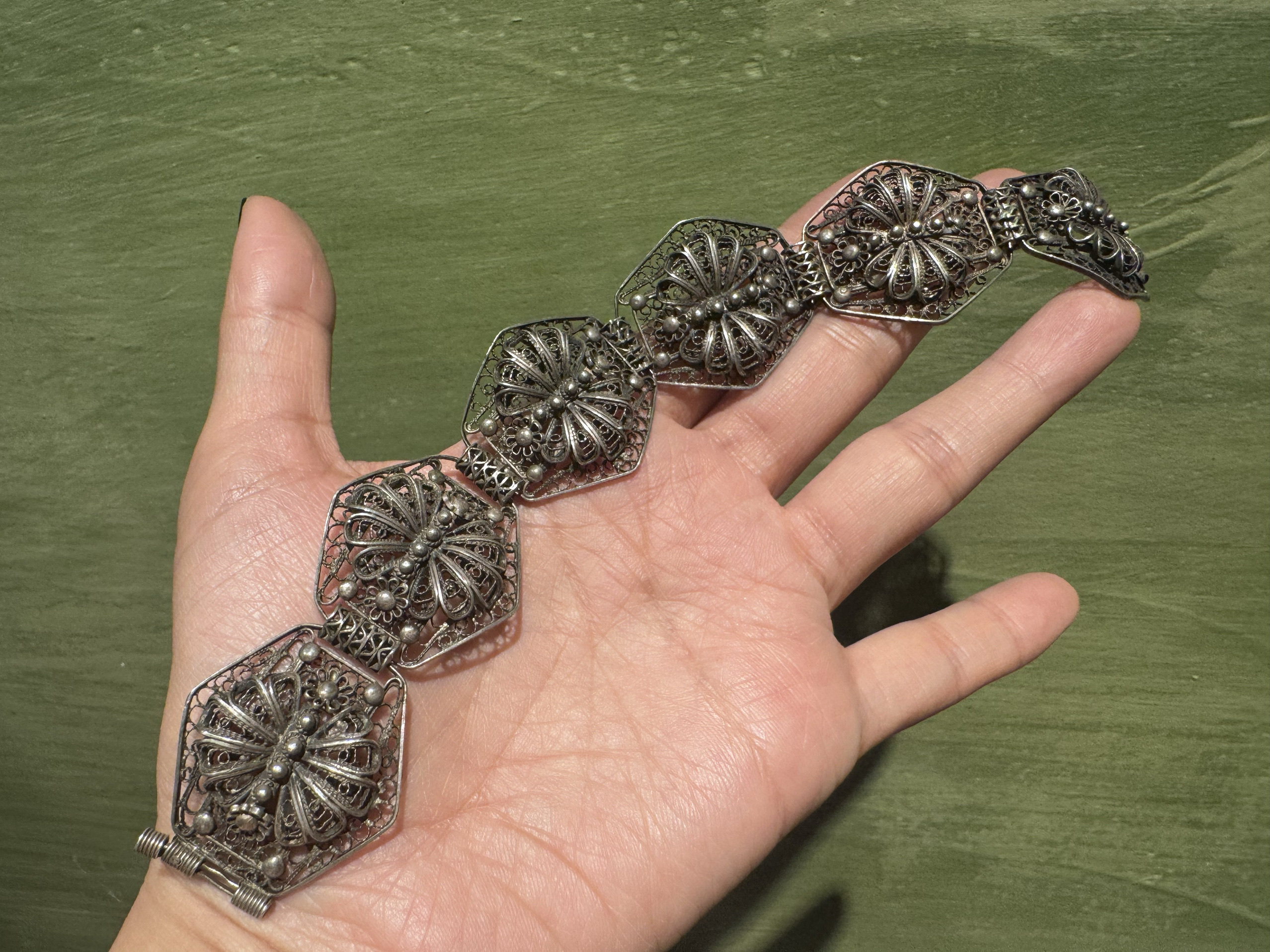 中古默认微瑕不退不换 古董蕾丝银手链19.3cm