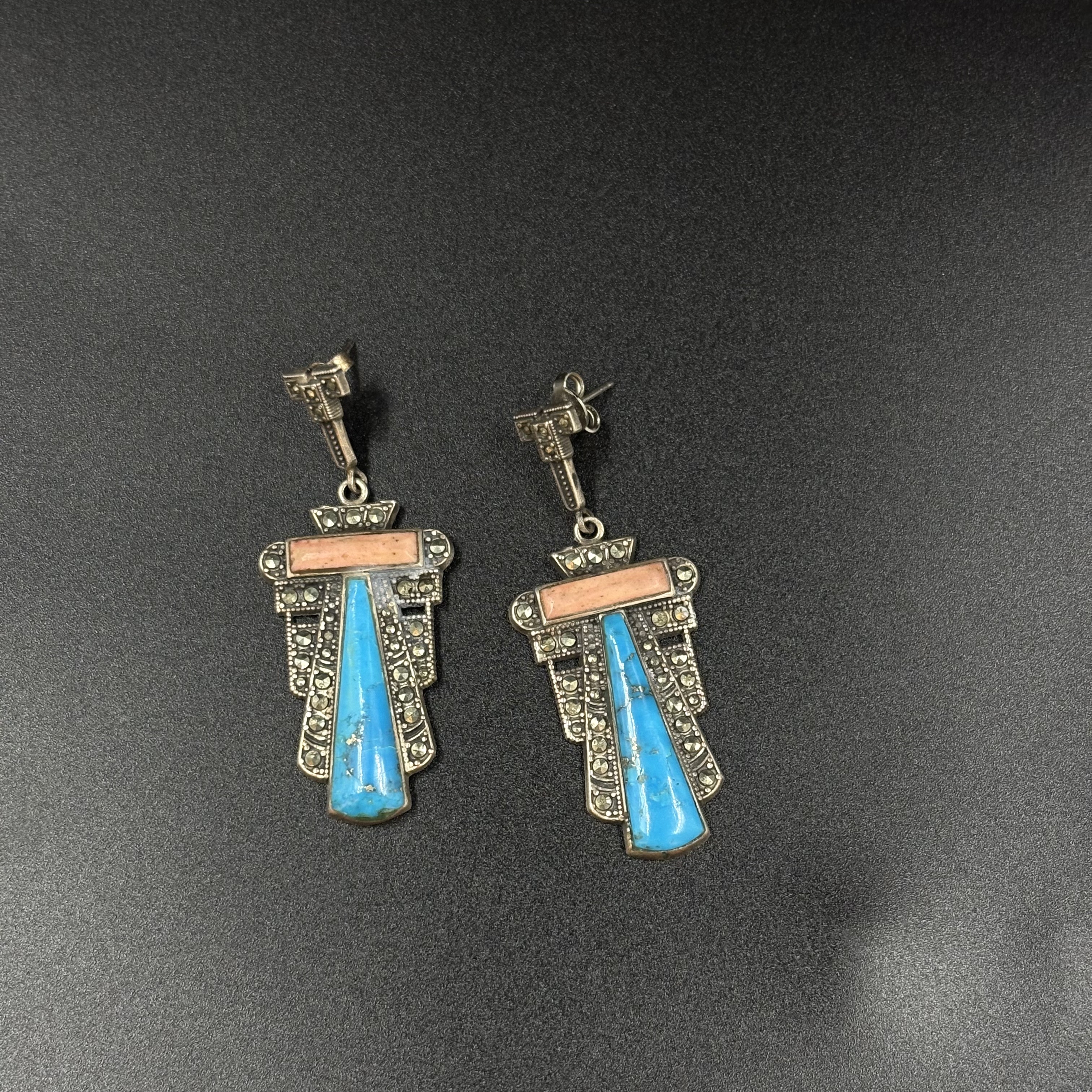中古默认微瑕不退换 马克赛石银耳环 意大利