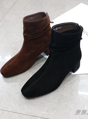 诗路花语短靴2024秋冬真皮中跟堆堆靴牛绒淑女短筒时装靴83-53517