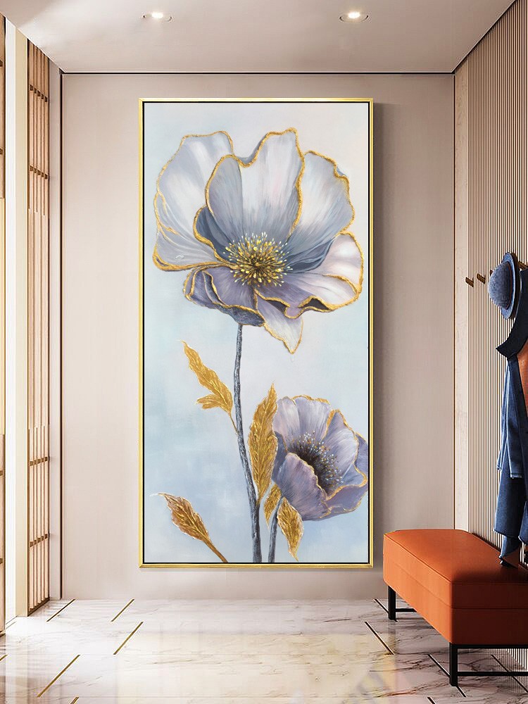 手绘油画花卉玄关画轻奢牡丹花现代高档北欧风挂画走廊过道装饰画