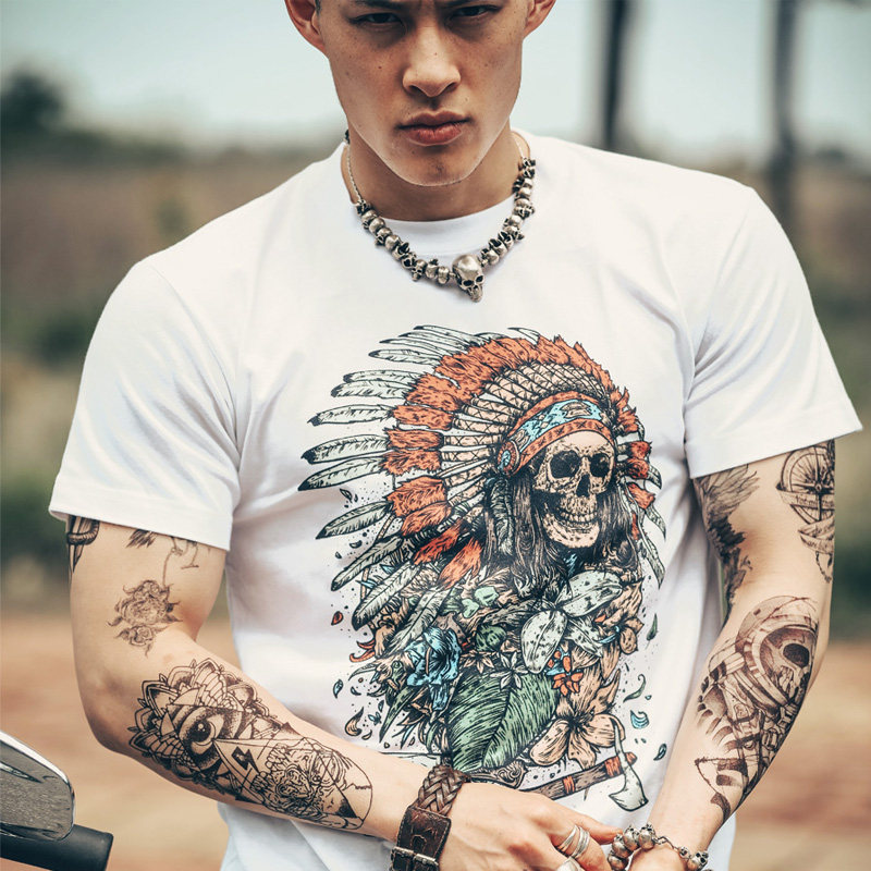 欧美风西部摇滚乐队骷髅头重金属纯棉短袖t恤男民族印第安人头像